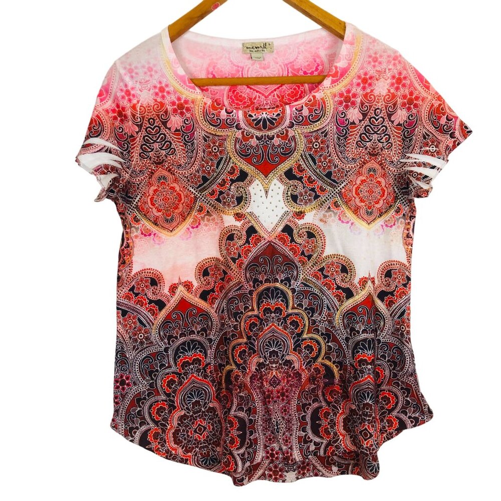One World Casual Paisley Print Top Sz Large Boho Chic Pink Red Embellished